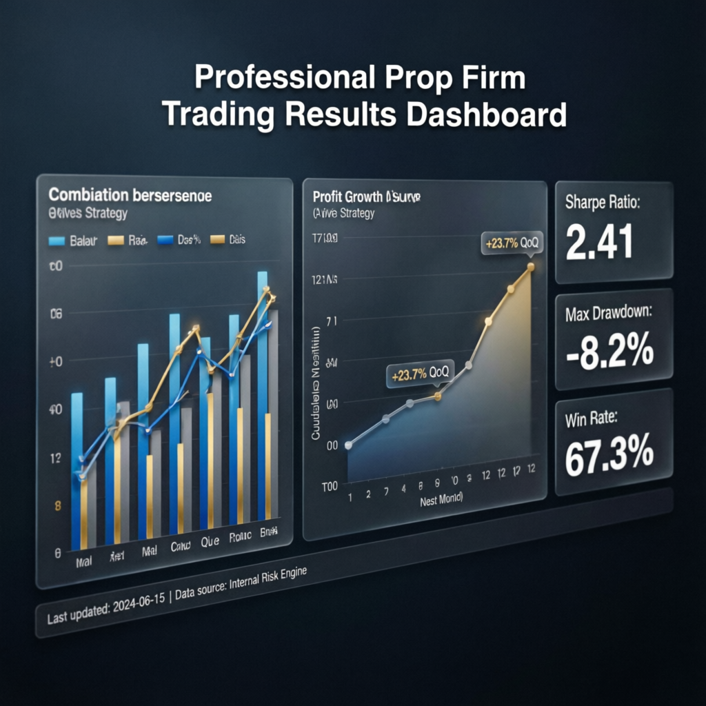 Professional prop firm trading results dashboard showing success metrics and performance analytics