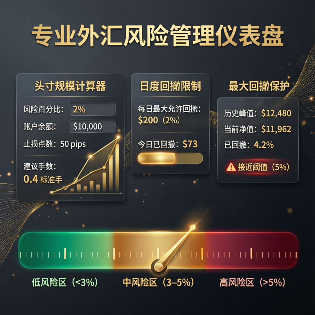 Professional forex risk management dashboard showing position sizing and drawdown limits