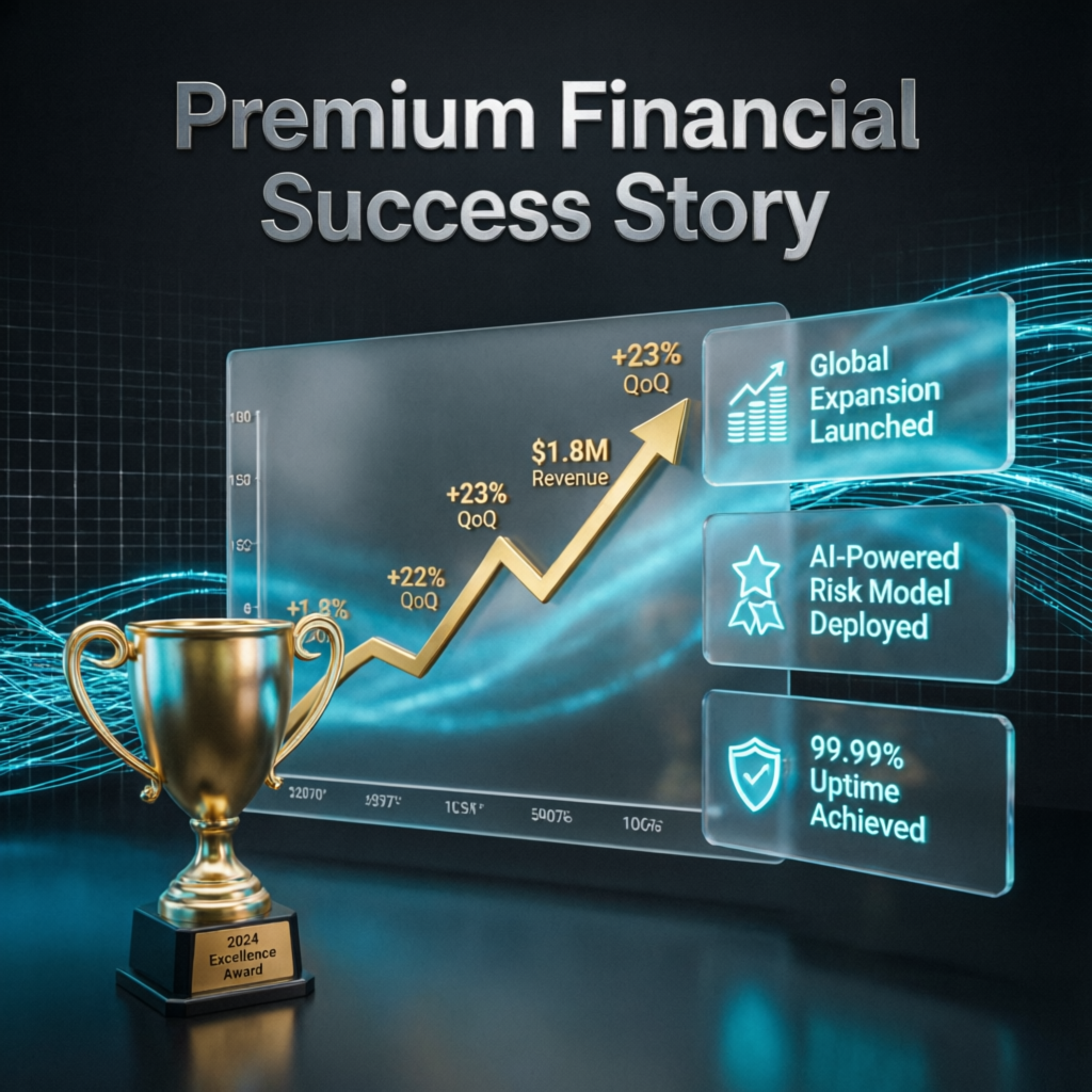 Premium financial success story with trophy and profit chart