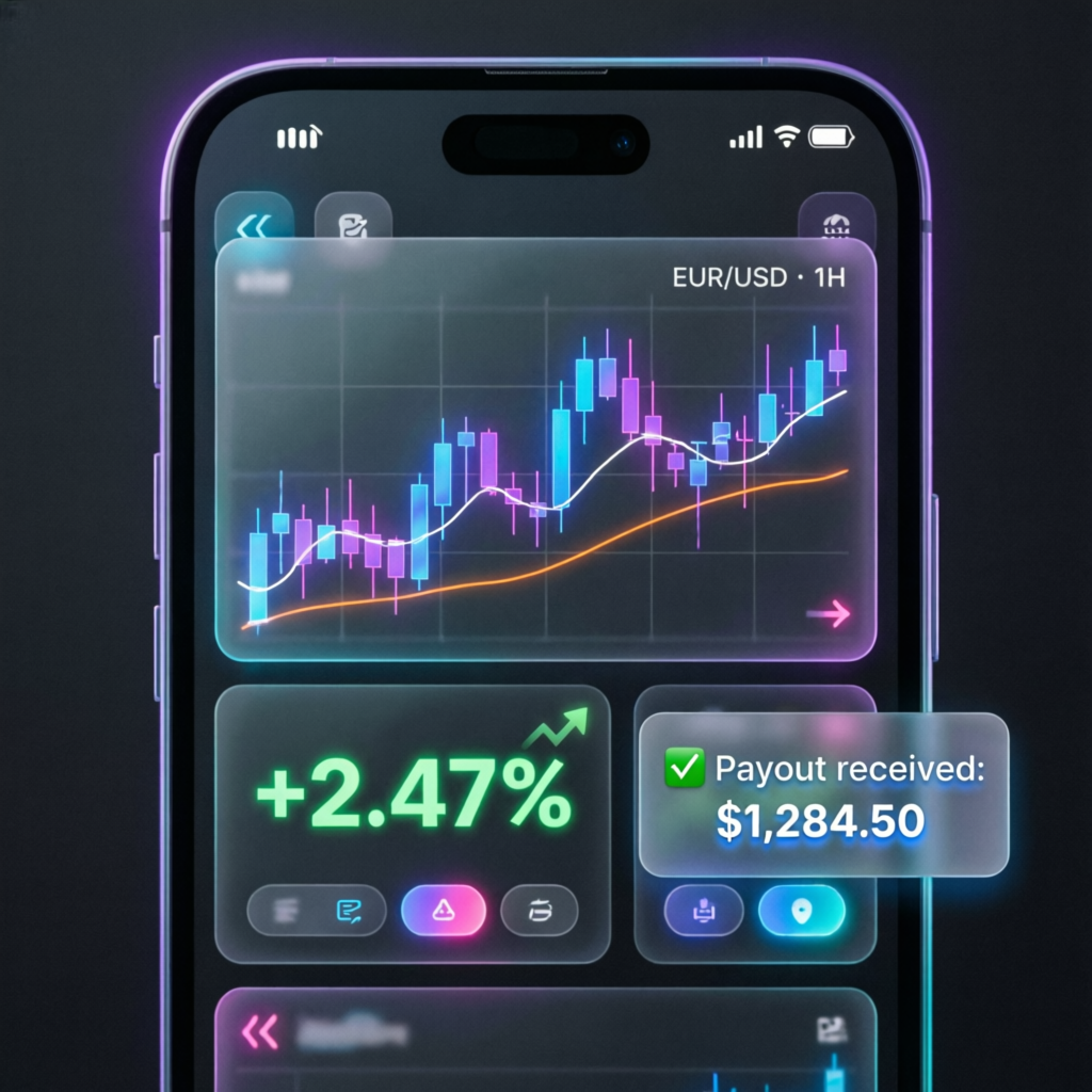Mobile trading interface showing successful payout notification