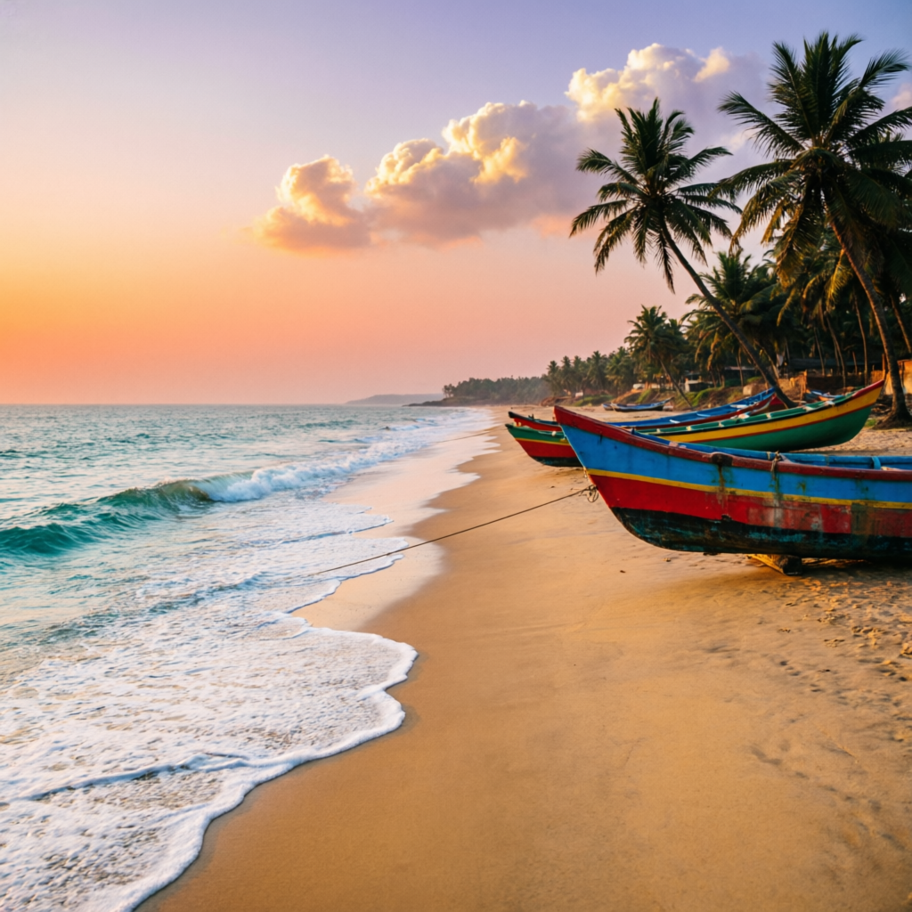 Calangute beach at golden hour with fishing boats