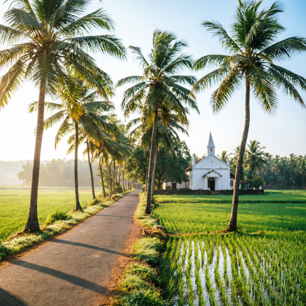 Palm-lined village road near Calangute, Goa