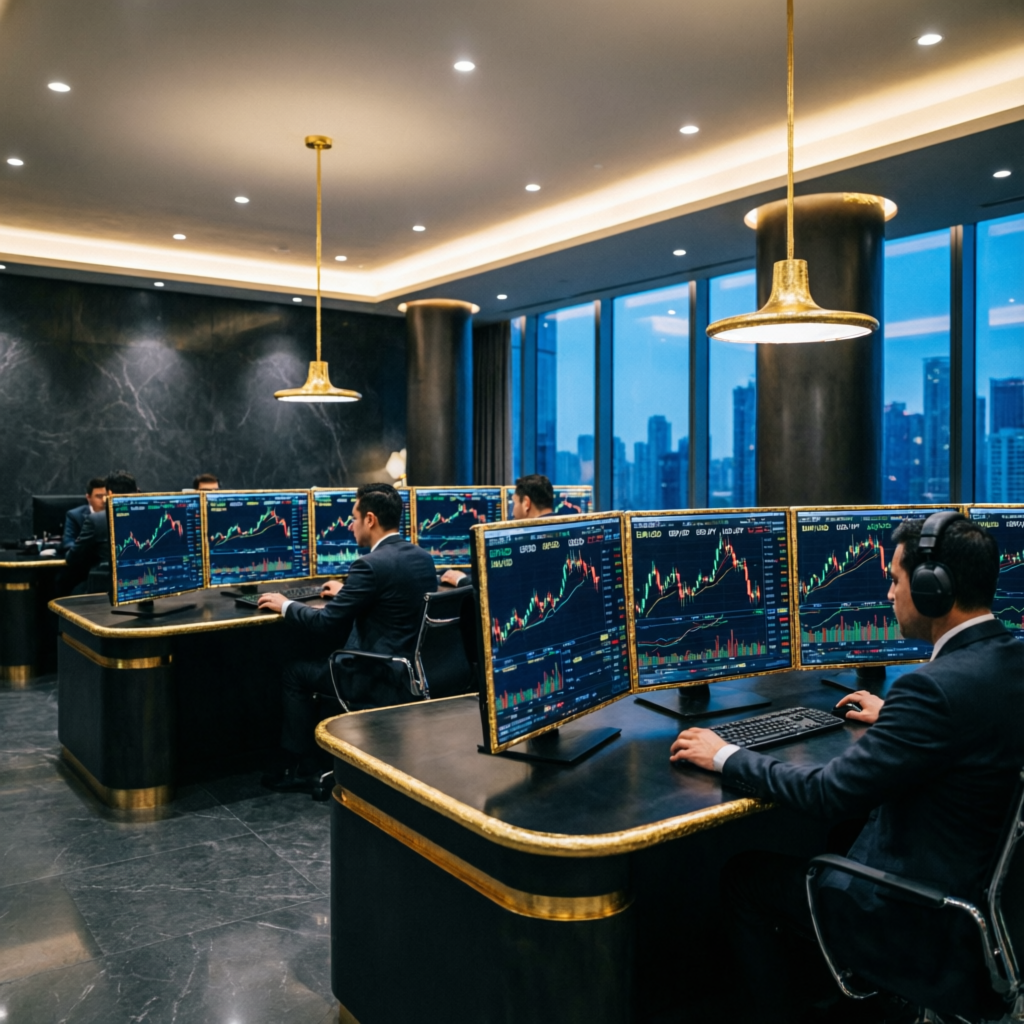 Professional prop firm trading floor with multiple monitors