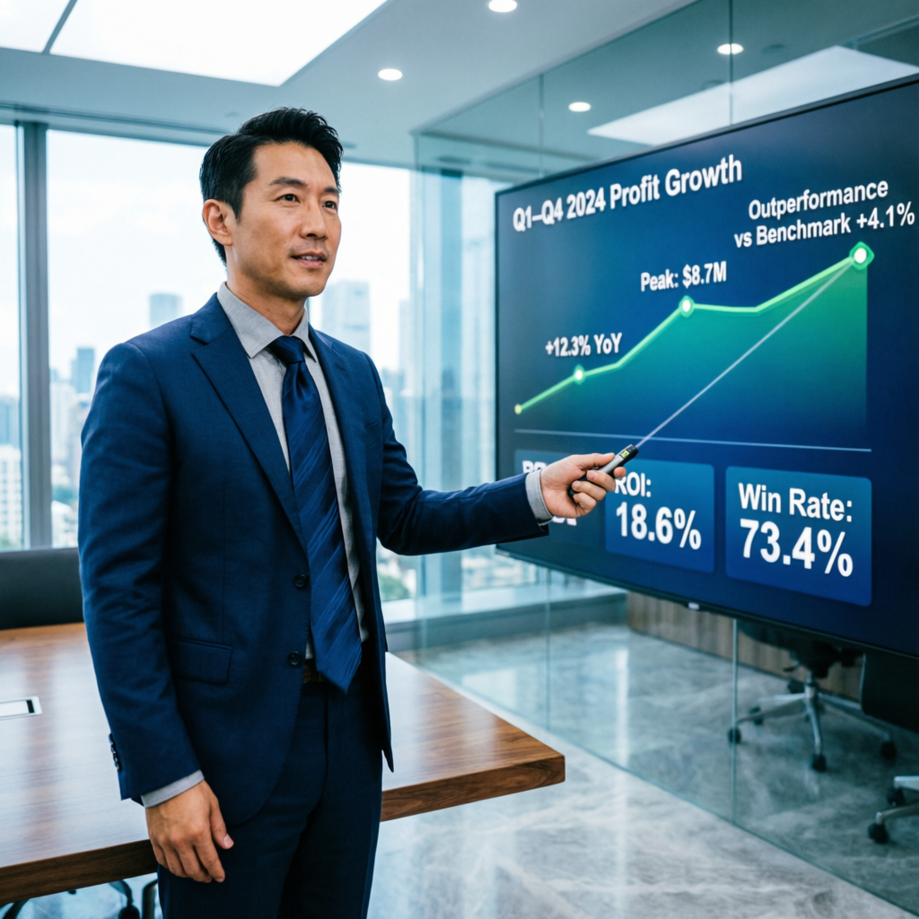 Financial analyst presenting prop firm trading results