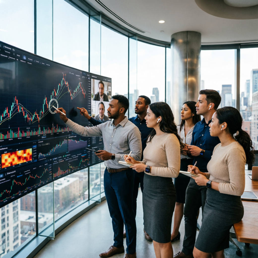 Professional trading team analyzing prop firm challenges