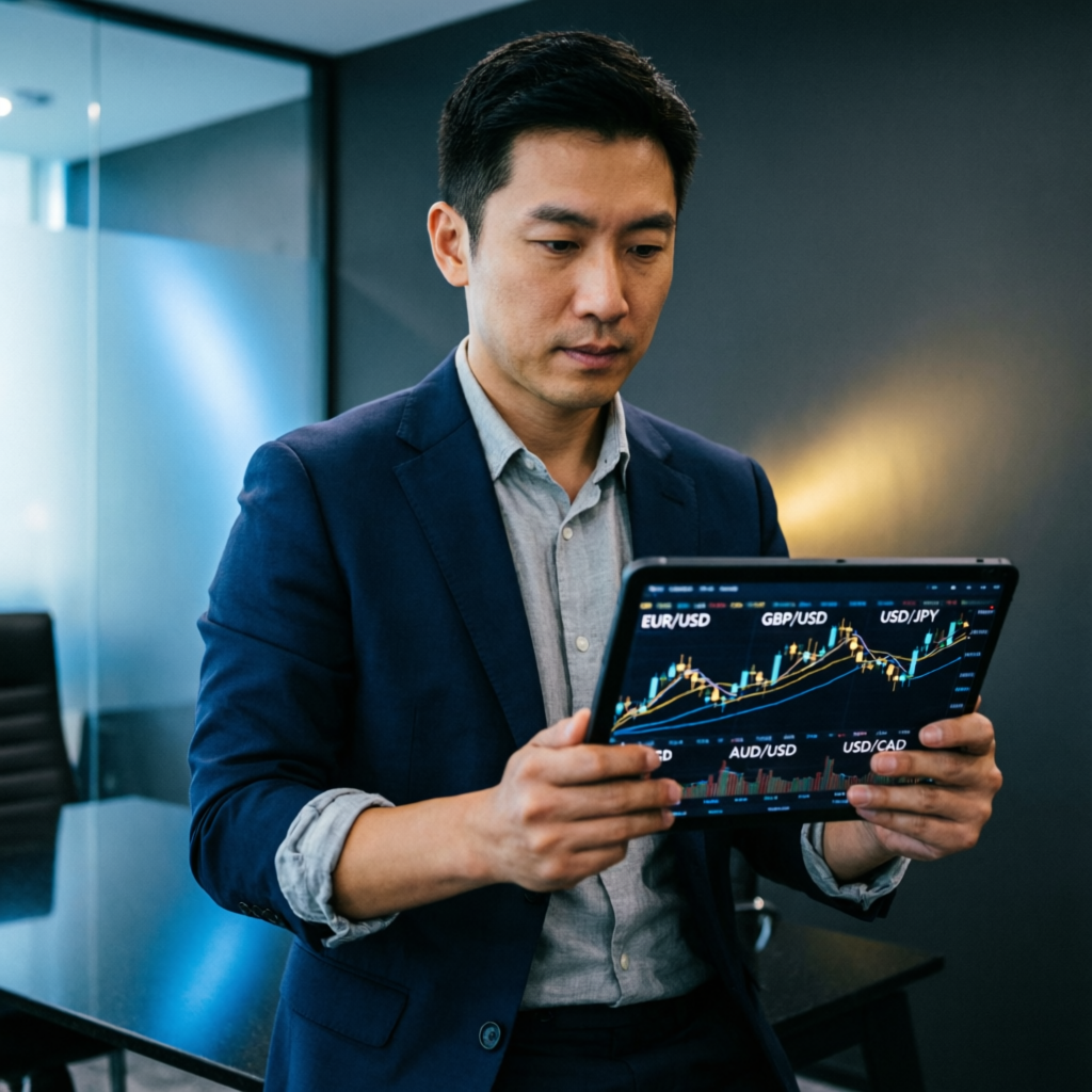 Professional forex trader analyzing prop firm challenges on tablet