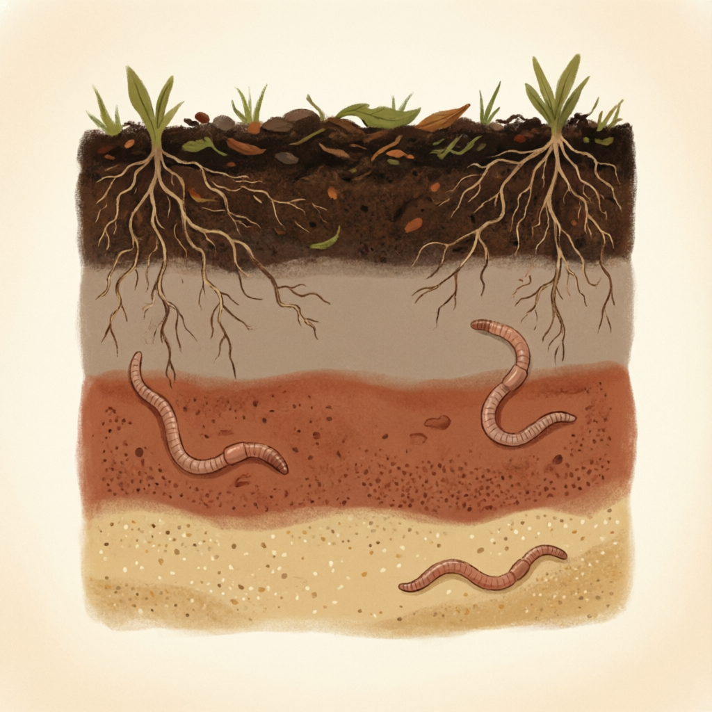 Illustrated soil cross-section showing horizons, roots and clay layers that store reserve acidity