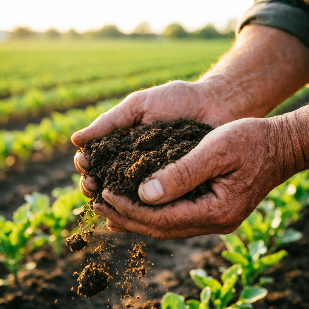 Farmer's hands holding rich dark topsoil over a sunlit crop field