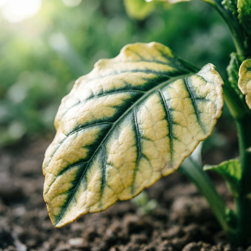 Leaf showing interveinal chlorosis: yellow blade with dark green veins