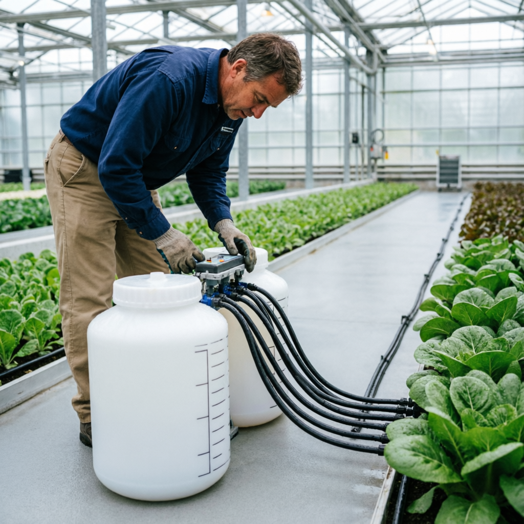 Grower adjusting a fertigation injector beside two nutrient stock tanks in a greenhouse