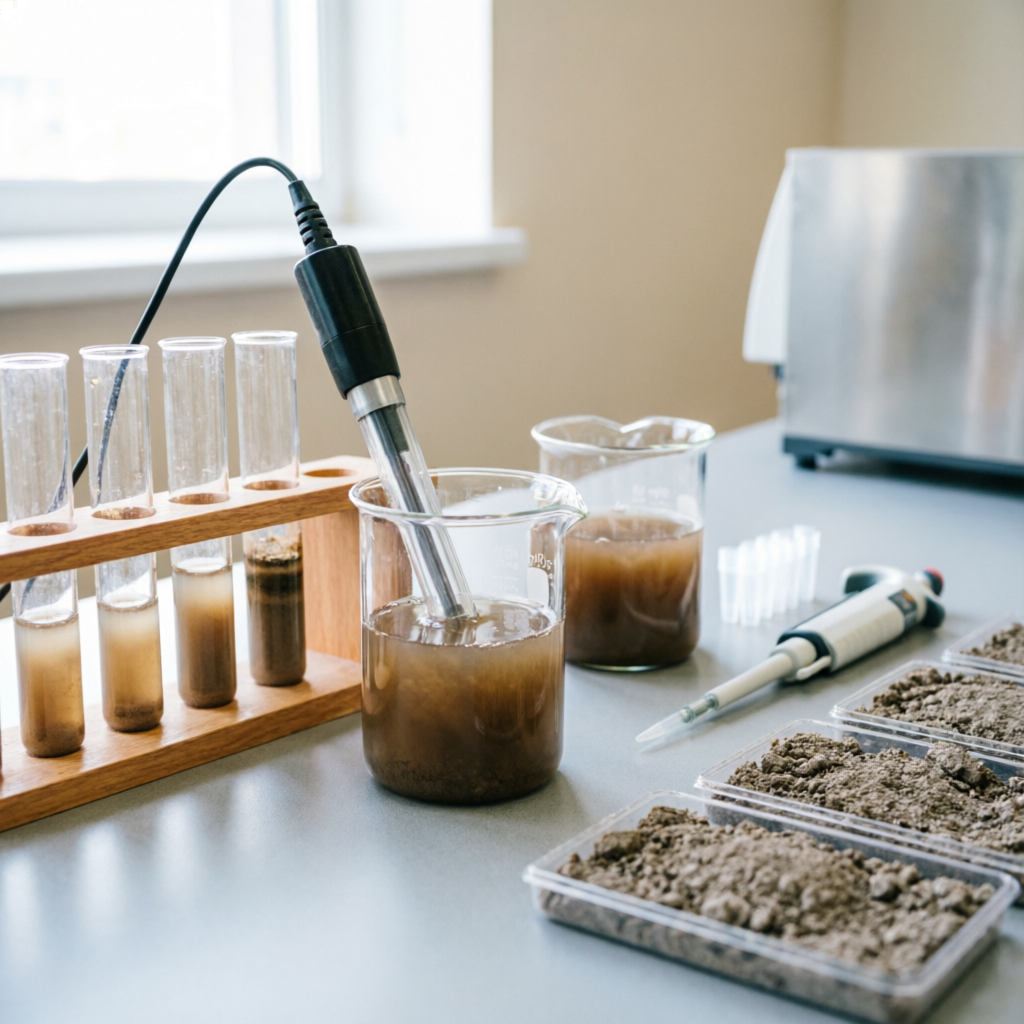 Soil testing laboratory with pH probe in beakers of soil suspension and sample trays