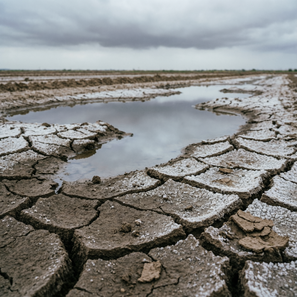 Cracked crusted sodic soil with white salt crust and standing puddles