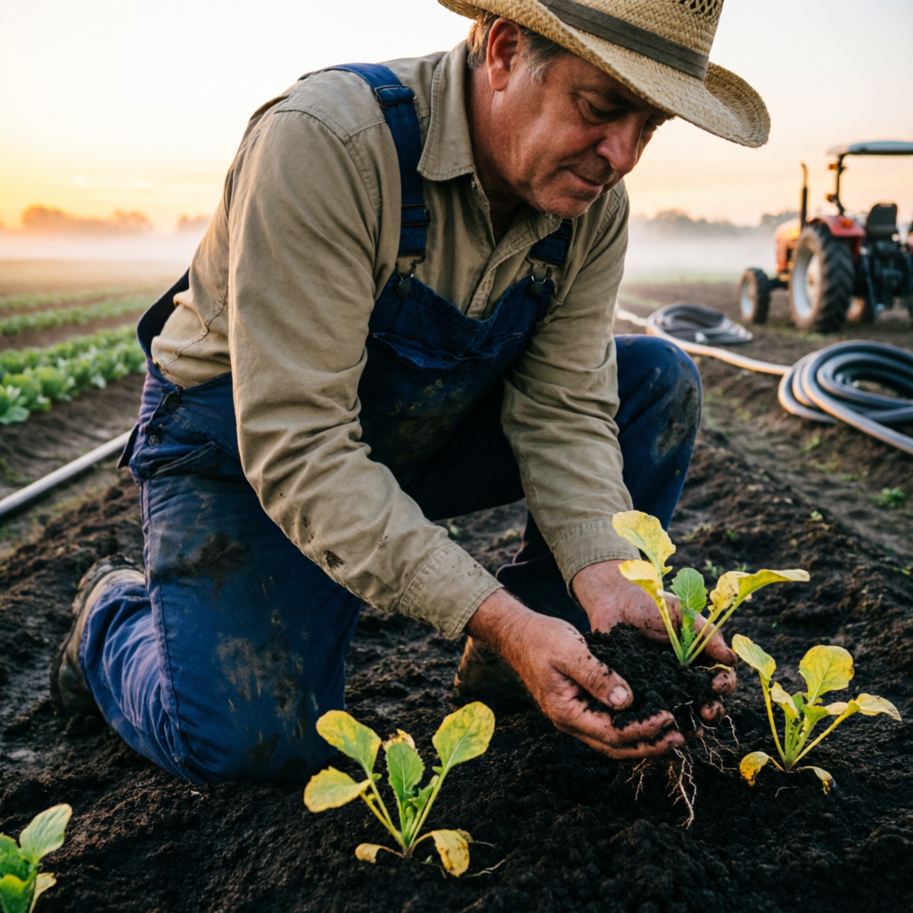 Grower kneeling at dawn in a field, examining stunted yellowing seedlings with soil in hand