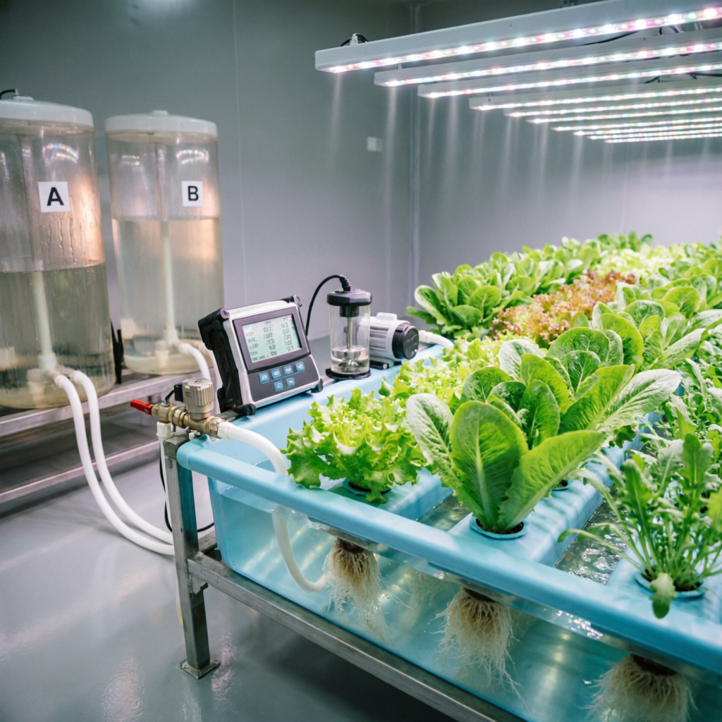 Hydroponic farm with separate Tank A and Tank B nutrient reservoirs, EC controller and lettuce channels