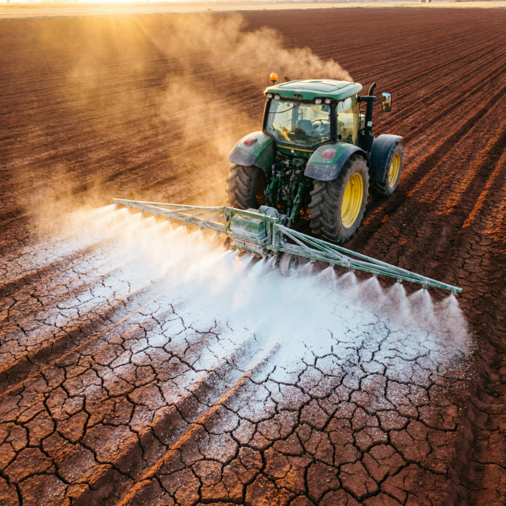 Tractor spreading white gypsum across cracked sodic clay soil at sunset
