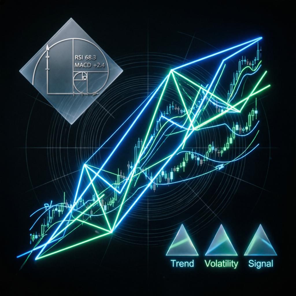 Trading strategy visualization with trend, volatility, and signal indicators