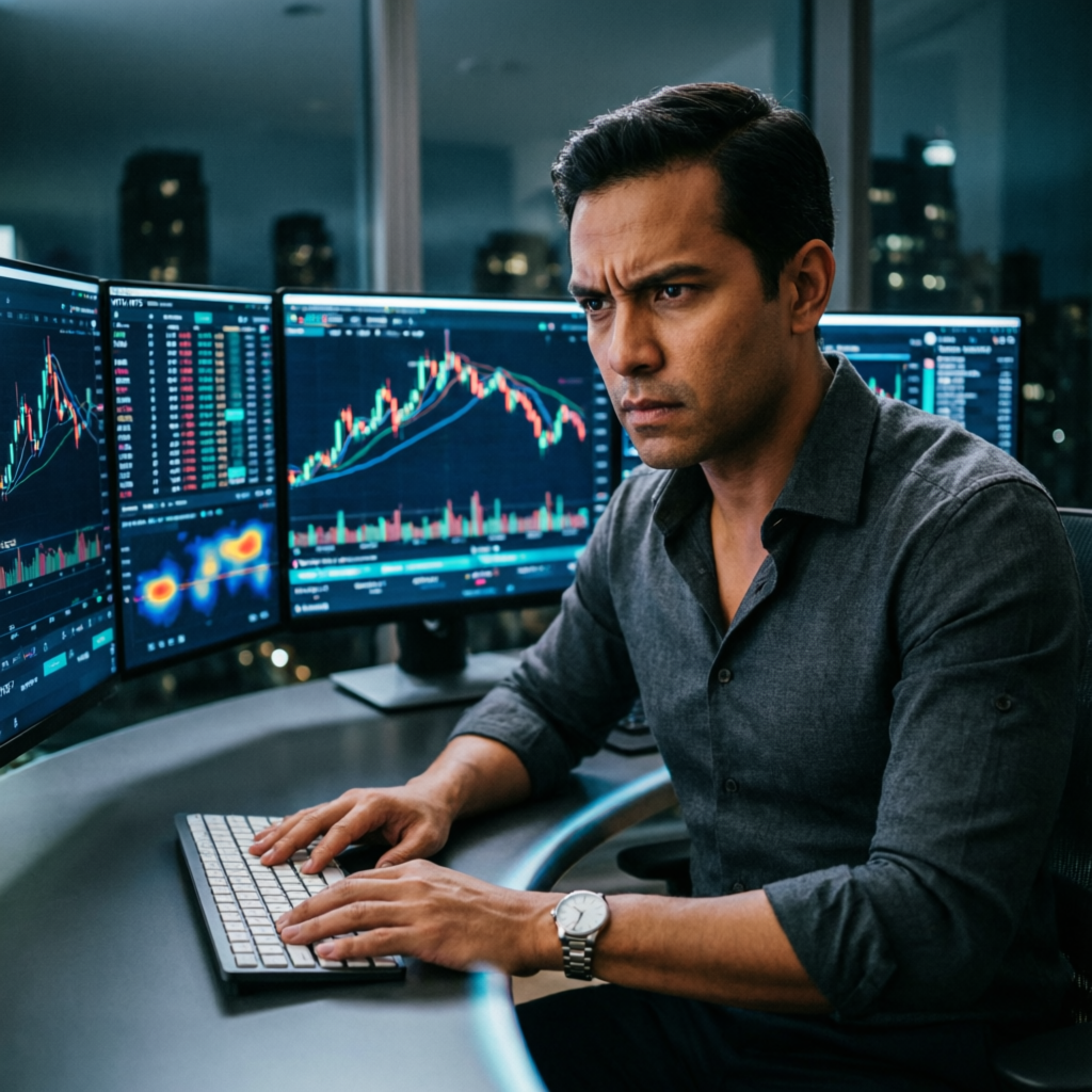 Professional forex trader analyzing Apex Trader Funding charts on multiple monitors
