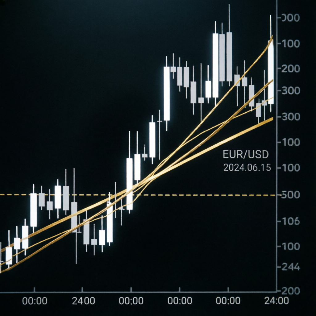 Premium forex candlestick chart with golden trend lines showing Topstep futures trading analysis