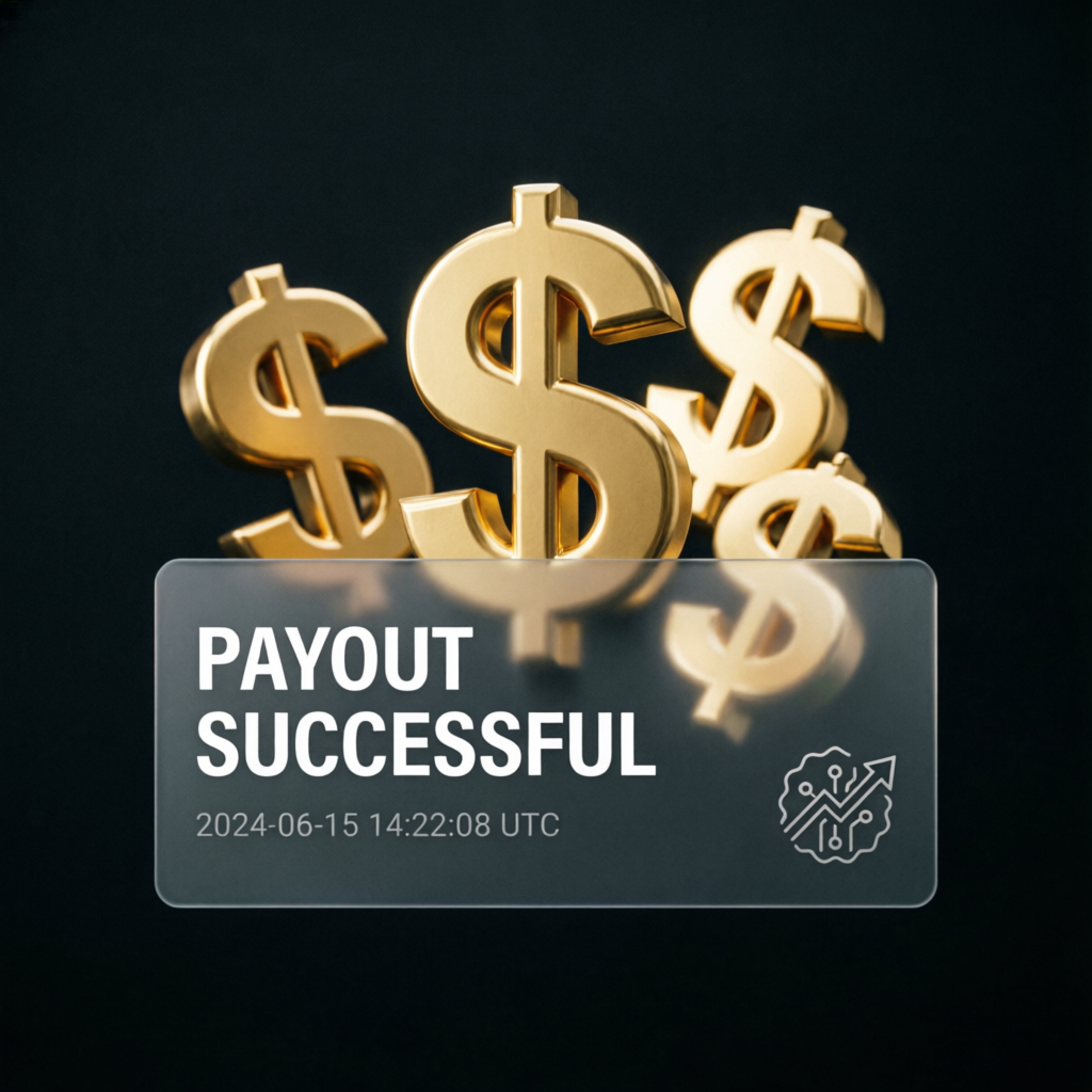 Successful Topstep payout notification with golden dollar signs representing funded trader profits