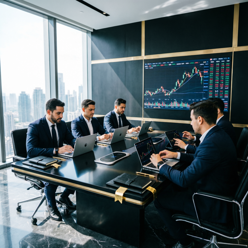 Professional trading team in luxury black and gold office analyzing Topstep funded account strategies