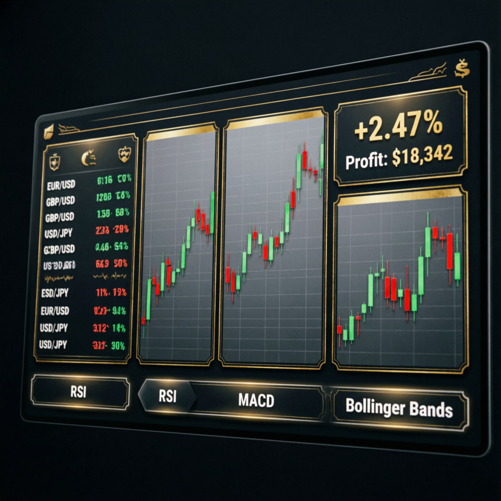 Premium trading dashboard interface with golden accents showing Topstep profit tracking and technical indicators