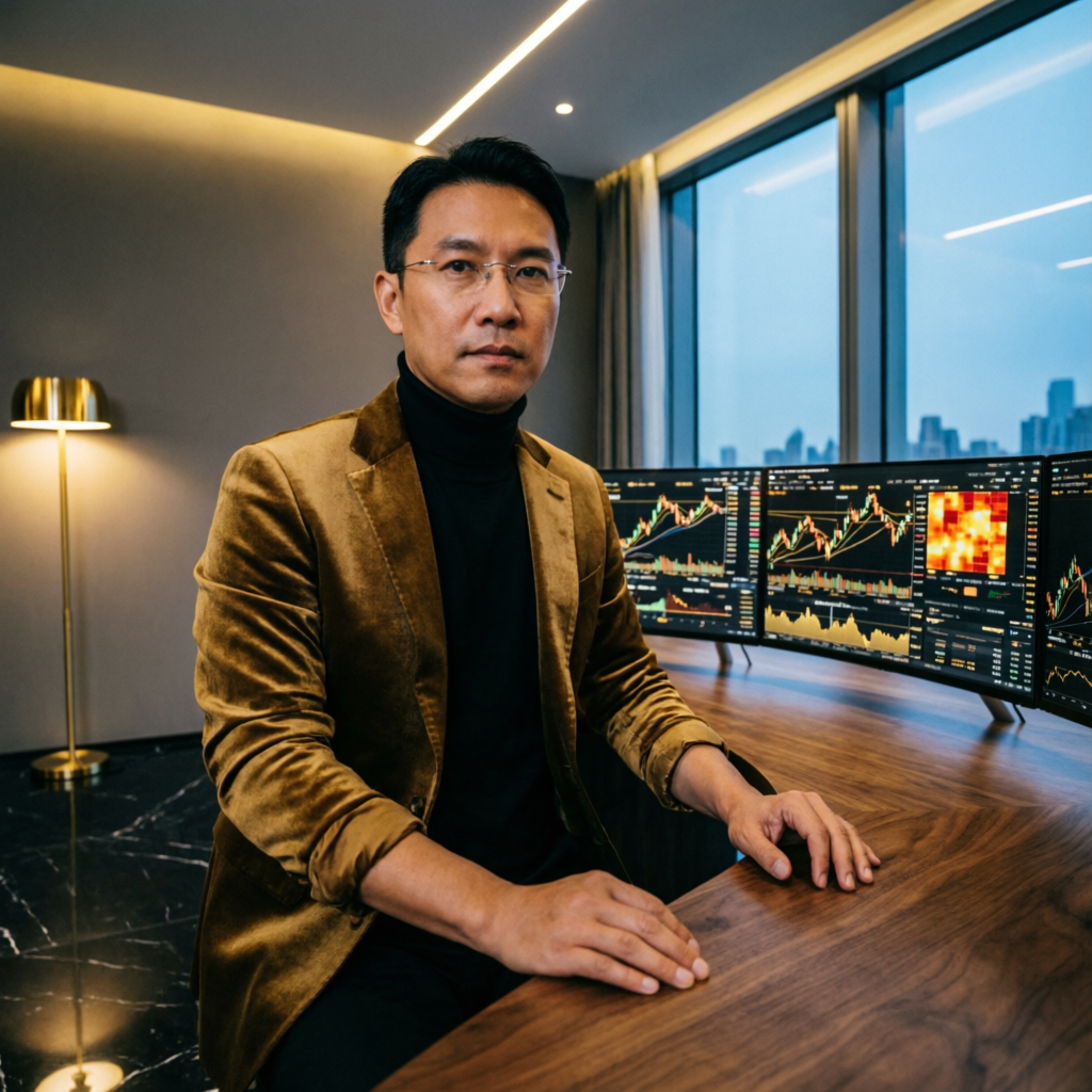 Professional forex trader analyzing Topstep funded account charts in luxury trading office