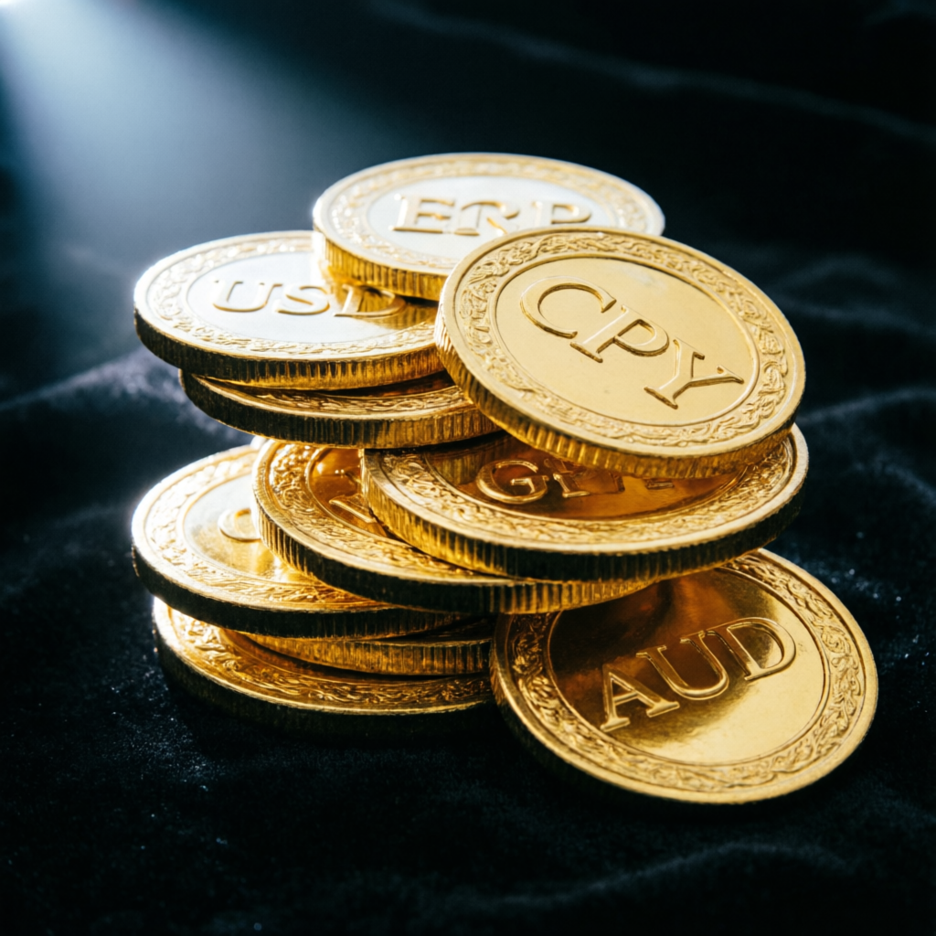 Luxury gold coins with forex currency symbols representing Topstep funded account profits and payouts