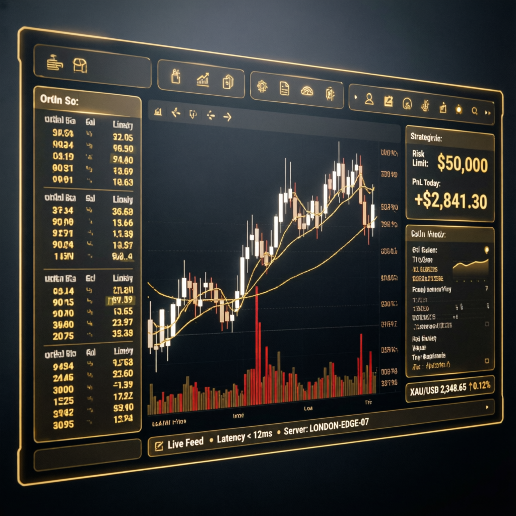 Advanced Topstep trading platform interface with golden UI showing risk management and profit tracking