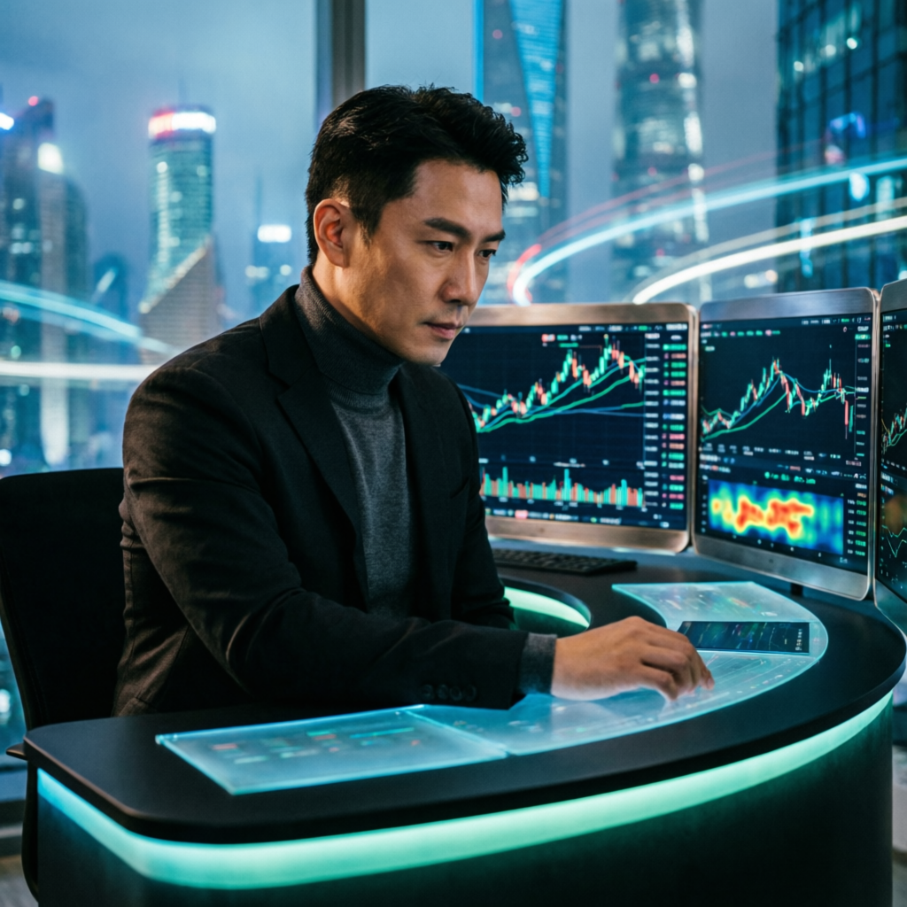 Professional forex trader analyzing Apex Trader Funding evaluation on multiple screens