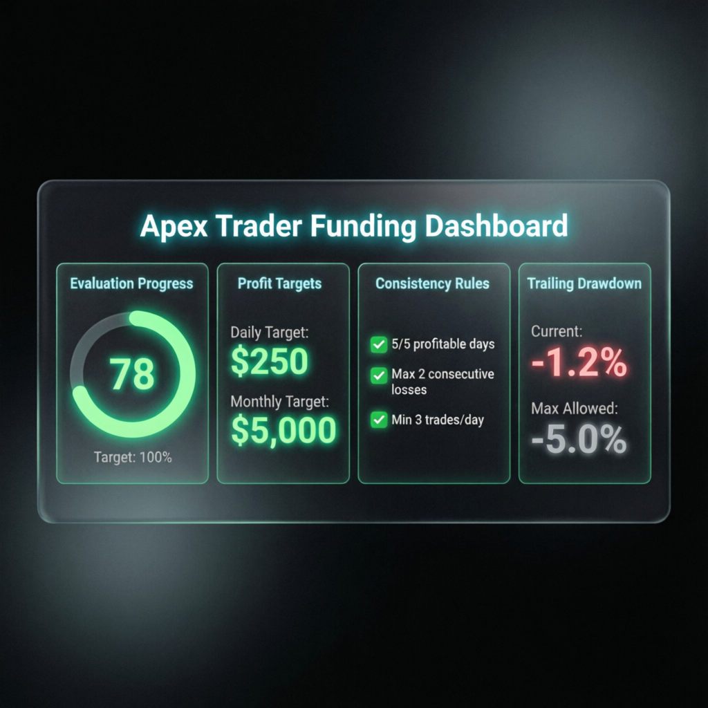 Apex Trader Funding Dashboard showing evaluation progress and consistency rules