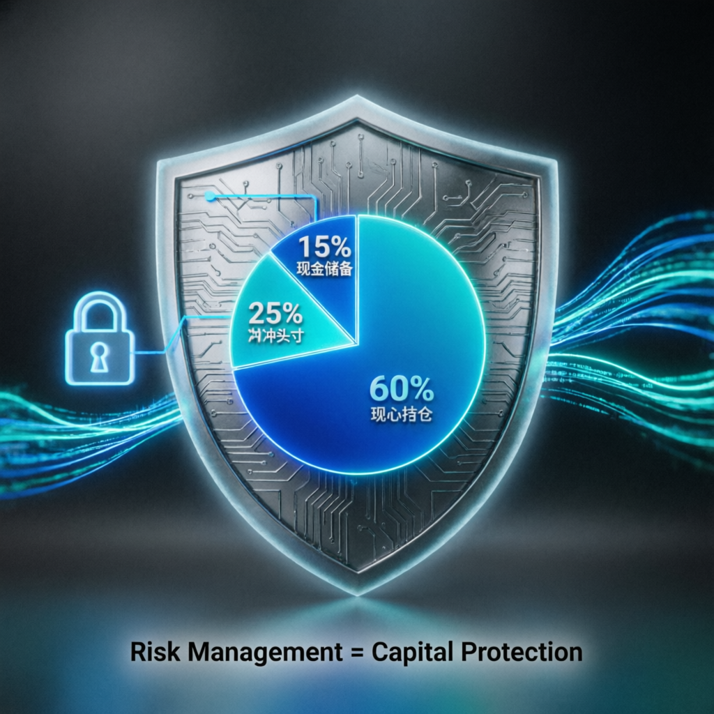Risk management shield protecting trading capital with pie chart visualization