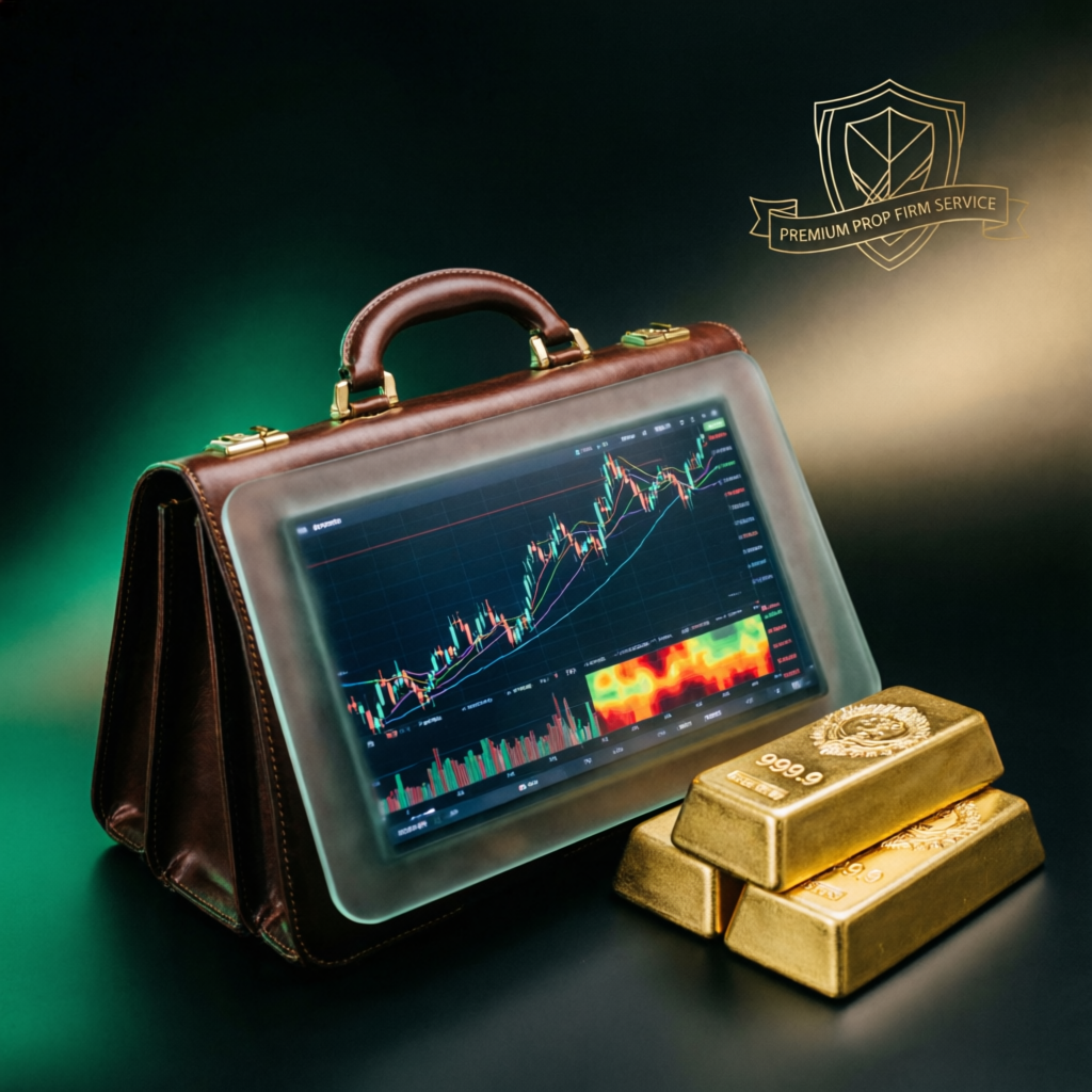Premium prop firm service briefcase with trading charts representing professional funded account management