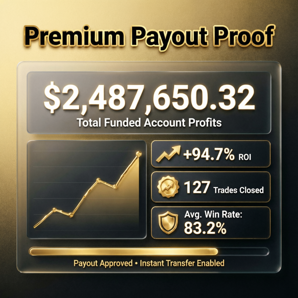 Premium payout proof showing total funded account profits of over $2.4 million with 94.7% ROI and 83.2% win rate
