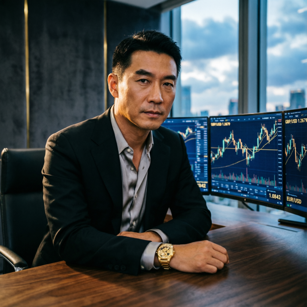Professional forex trader reviewing Apex Trader Funding evaluation dashboard with multiple monitors showing futures trading charts