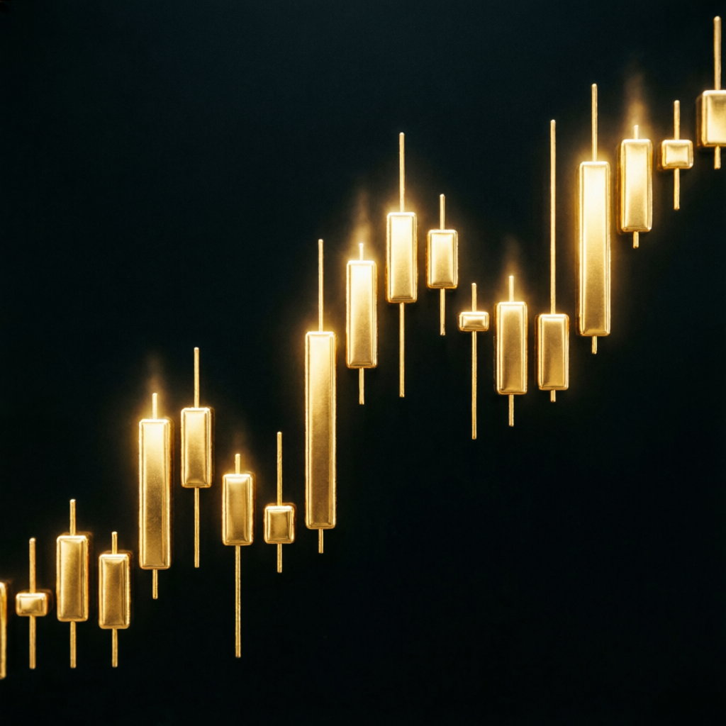 Luxury gold candlestick chart pattern on black background showing premium forex trading price action analysis