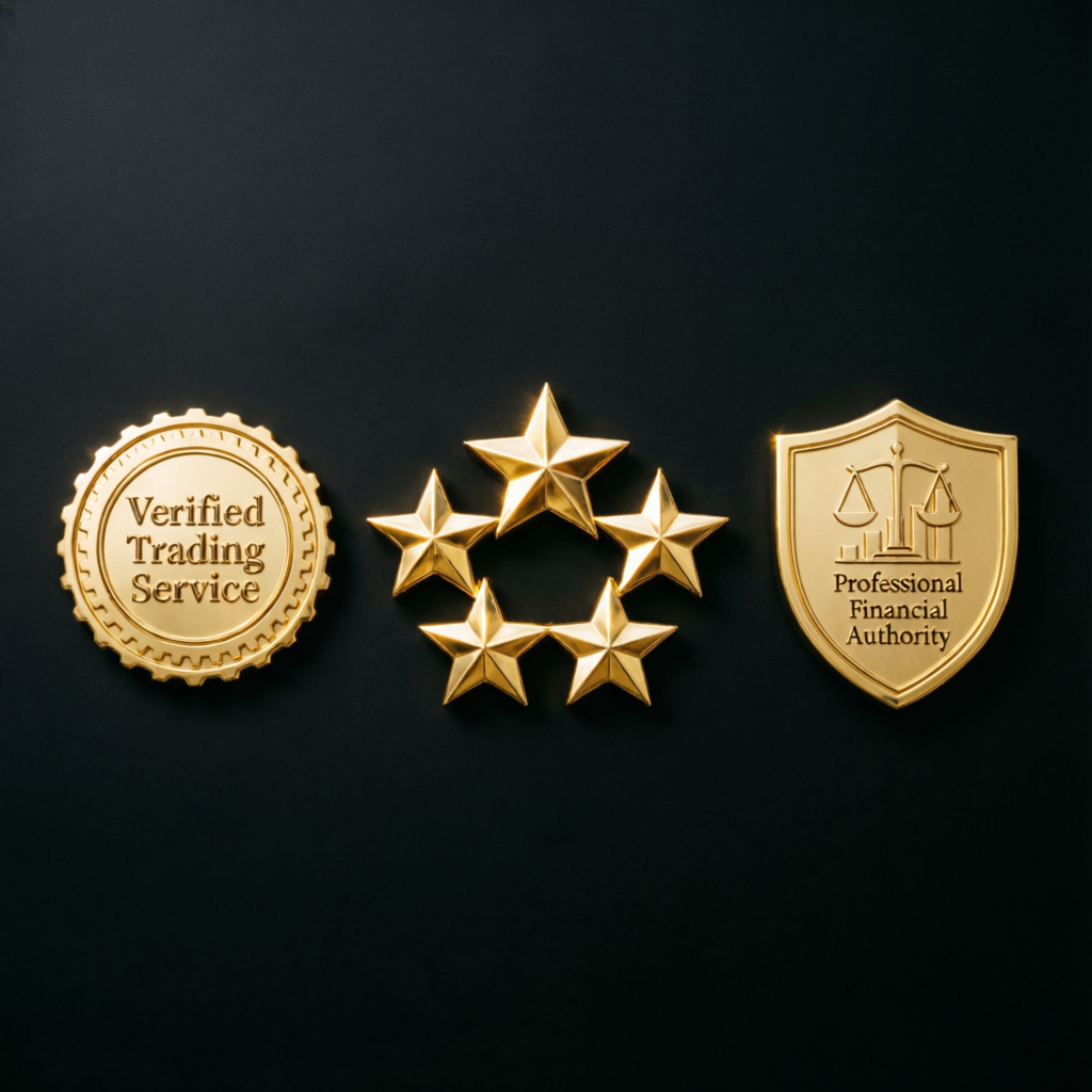 Premium trust badges and verification seals showing 5-star ratings and professional financial authority certification