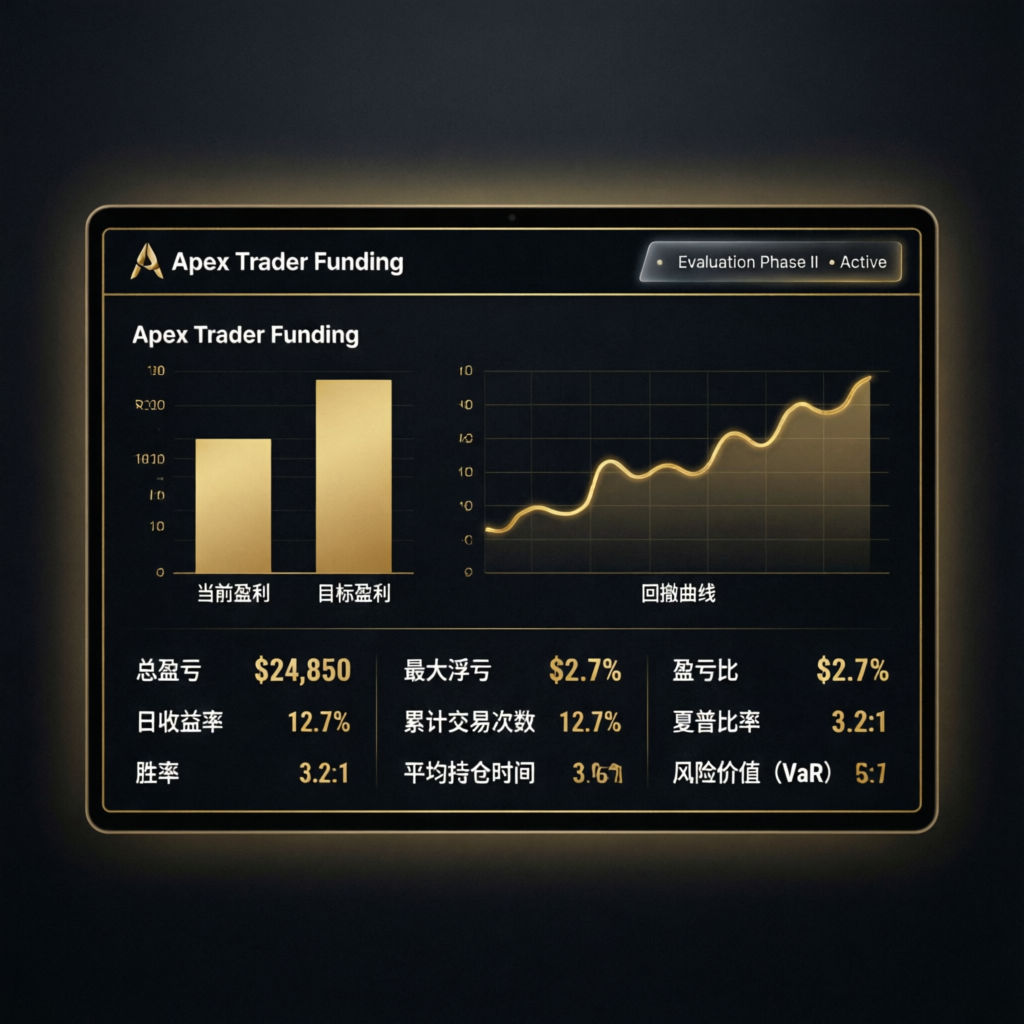 Apex Trader Funding evaluation dashboard showing profit targets, drawdown metrics, and trading performance analytics