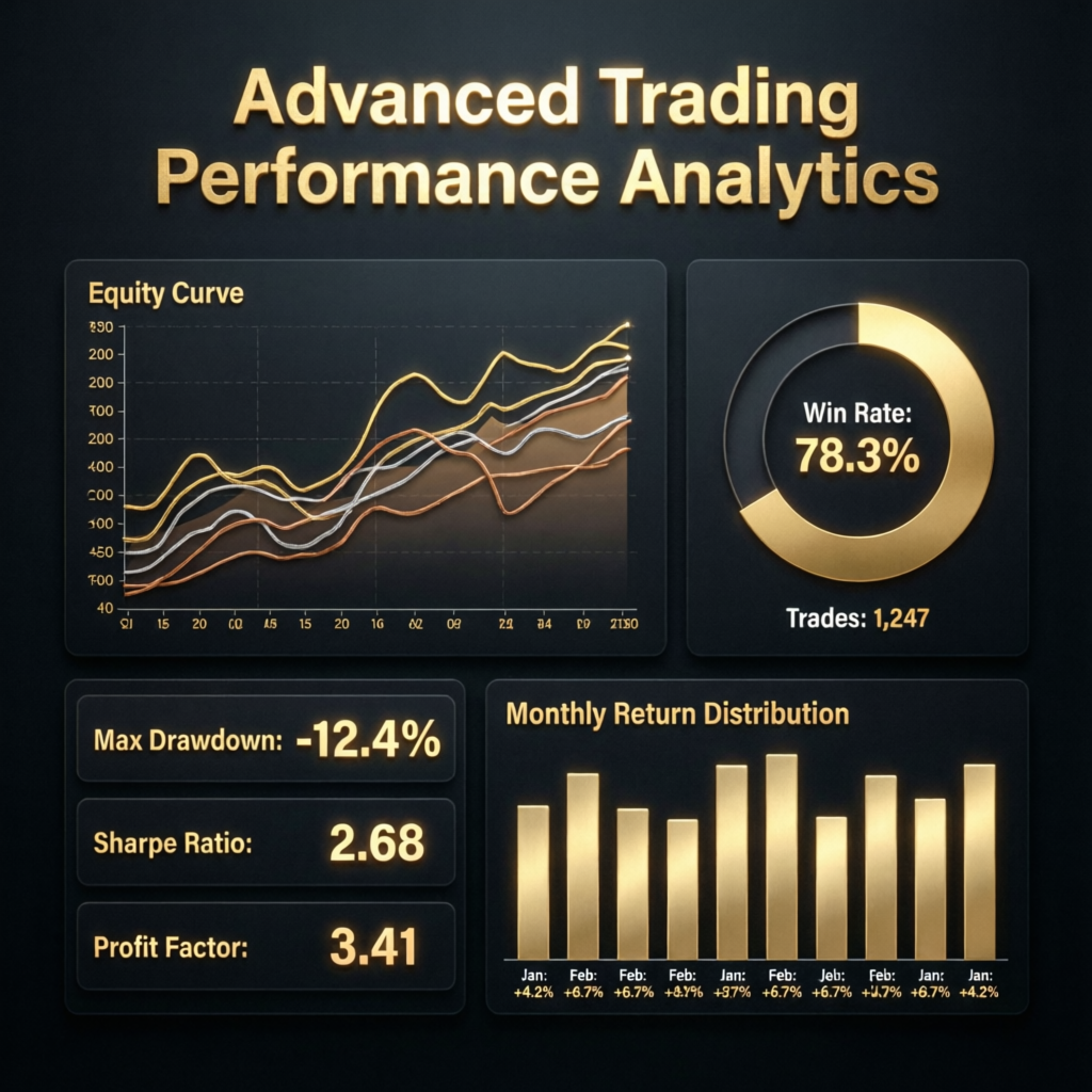 Advanced trading performance analytics showing equity curve, win rate of 78.3%, Sharpe ratio 2.68, and monthly return distribution