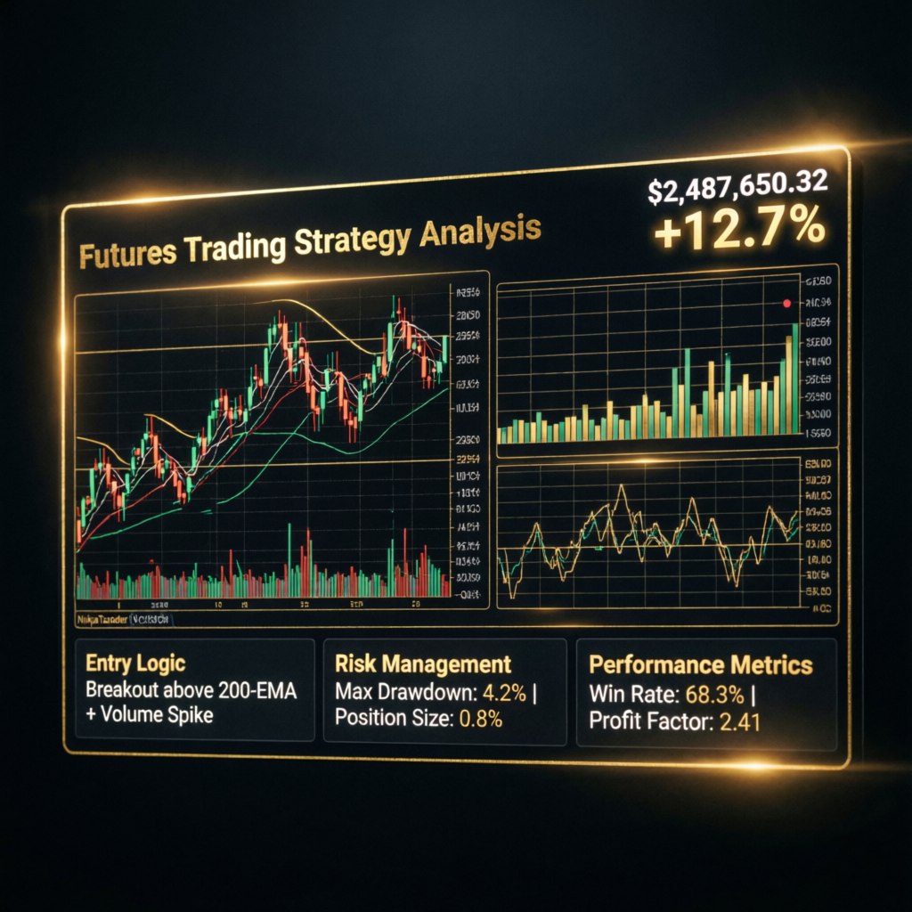 Futures trading strategy analysis showing entry logic, risk management parameters, and performance metrics for Apex Trader Funding evaluation