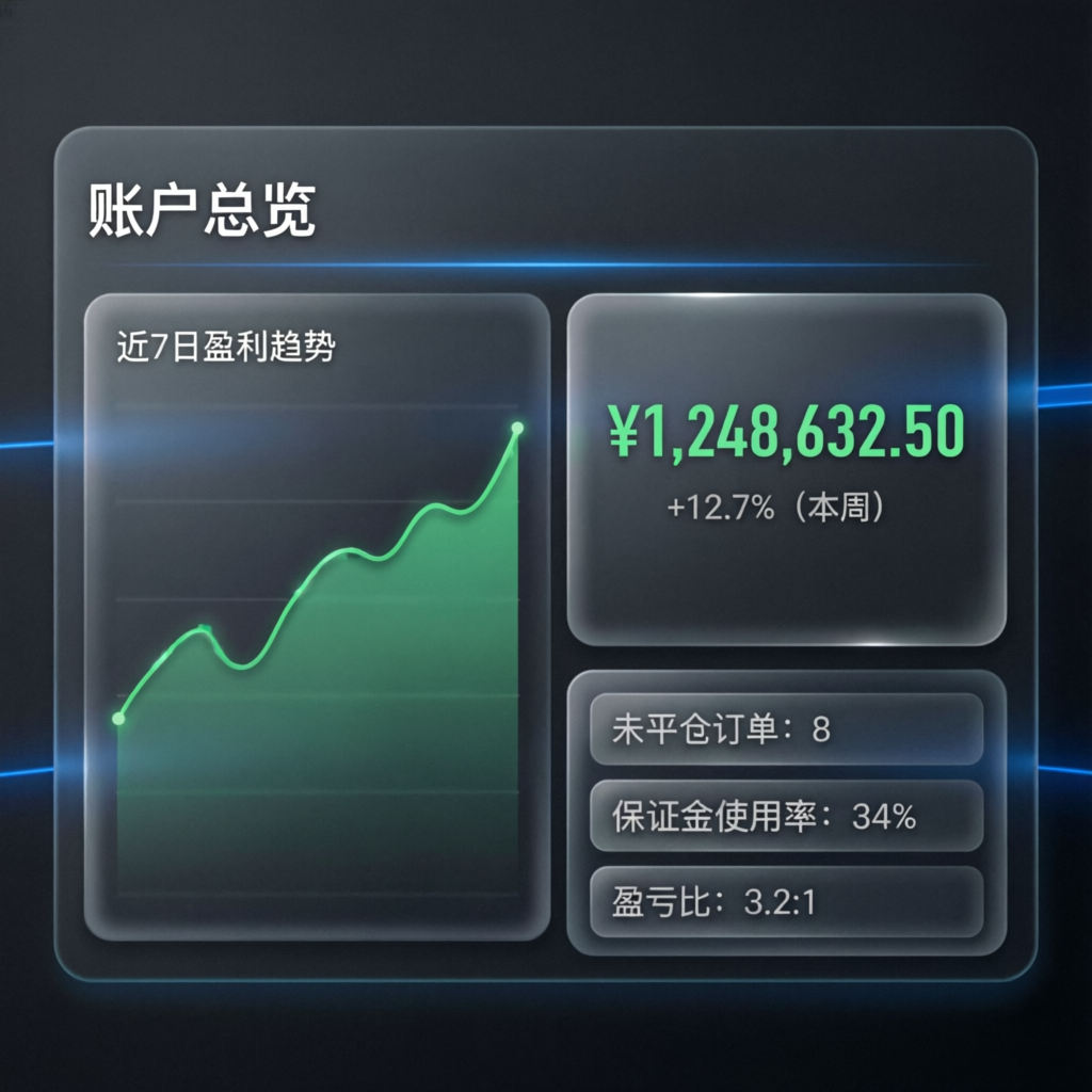 Professional trading dashboard showing prop firm account management results and profit growth