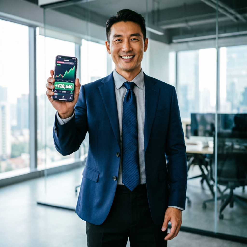 Successful trader showing profit on smartphone from funded account management service