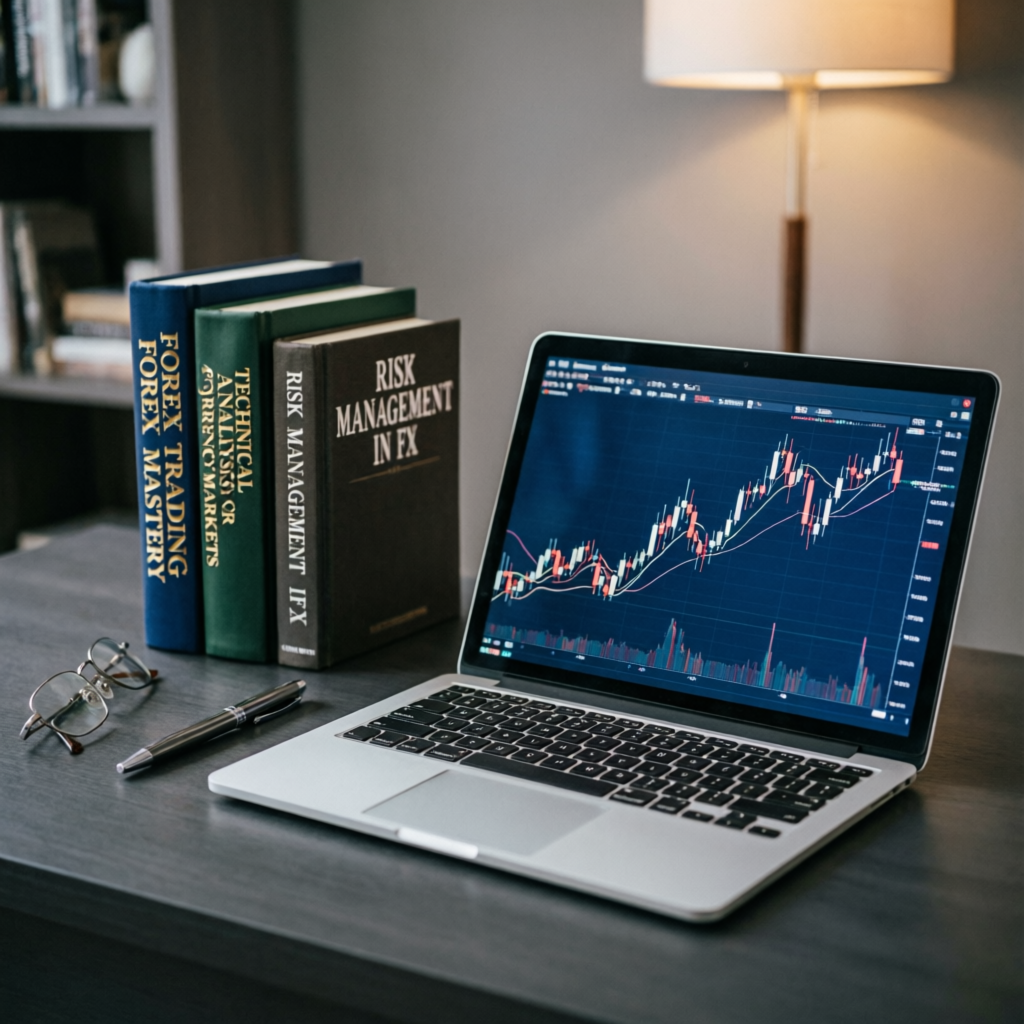 Forex trading education books and laptop showing chart analysis for prop firm traders