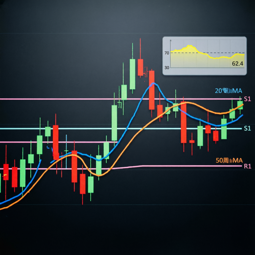 Professional forex trading strategy chart with moving averages and support resistance levels
