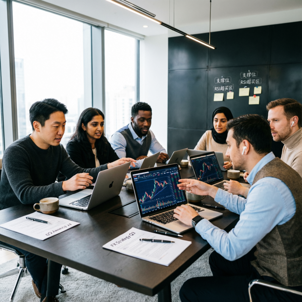 Professional forex trading community meeting and collaborating on prop firm strategies