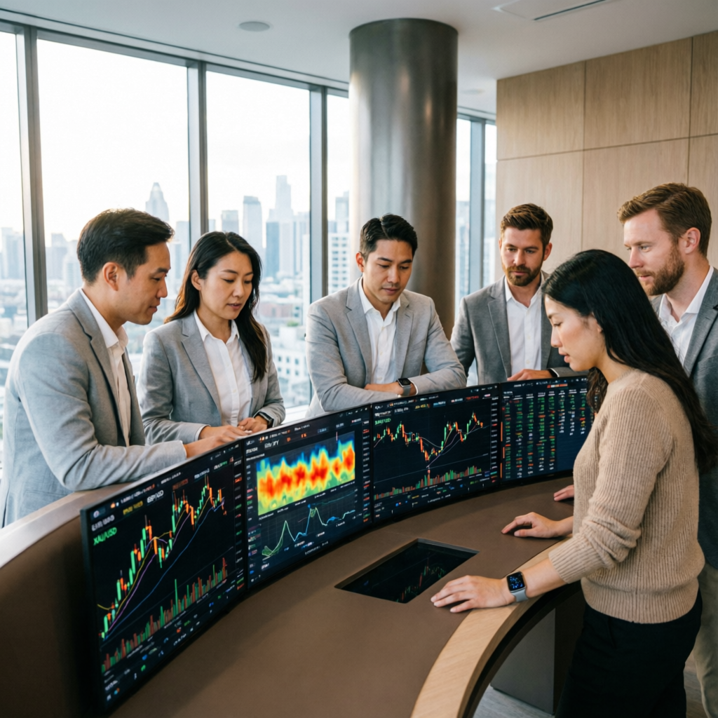 Professional trading team analyzing prop firm challenges and funded account strategies