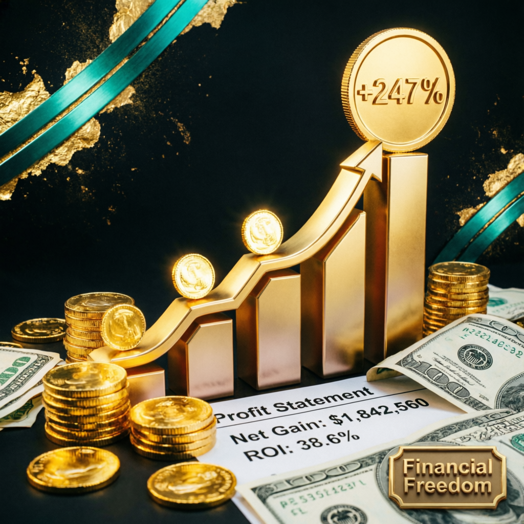 Financial freedom concept with gold coins and profit growth chart for funded traders