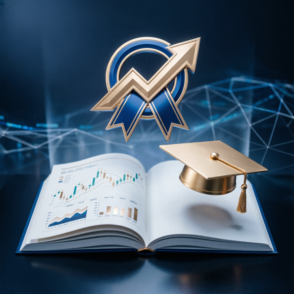 Trading education concept with book and graduation cap representing learning