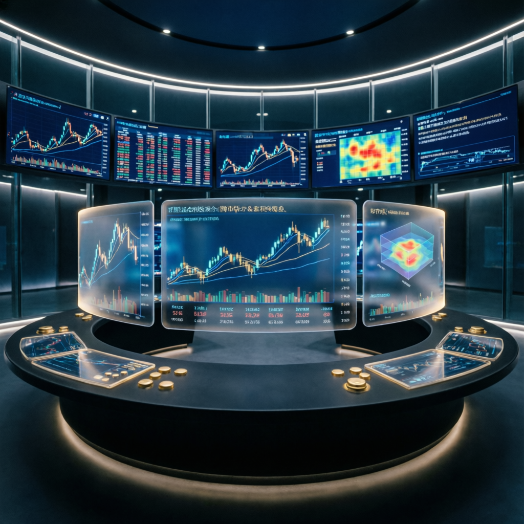 Professional trading command center with multiple screens