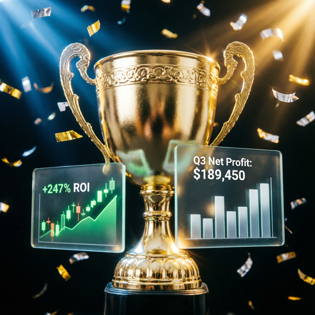 Funded trader success celebration with trophy