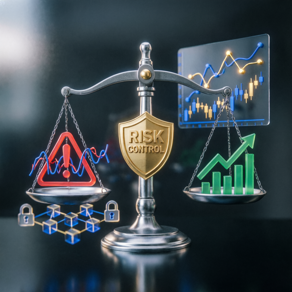 Risk management visualization showing balance between risk and reward in prop firm trading